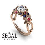 Unique Engagement Ring 14K Rose Gold Flowers And Branches Art Deco Edwardian Diamond With Ruby 