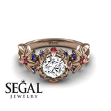 Unique Engagement Ring 14K Rose Gold Flowers And Branches Art Deco Edwardian Diamond With Ruby 