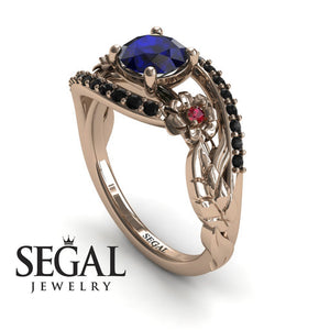 Unique Engagement Ring 14K Rose Gold Flowers And Leafs Sapphire With Ruby And Black Diamond 