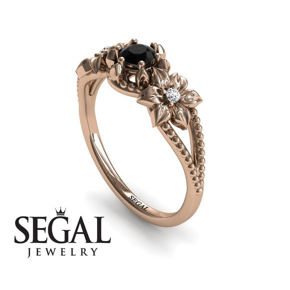 Unique Engagement Ring 14K Rose Gold Flowers Art Deco FiligreeBlack Diamond With Diamond 