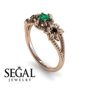 Unique Engagement Ring 14K Rose Gold Flowers Art Deco FiligreeGreen Emerald With Black Diamond 