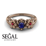Unique Engagement Ring 14K Rose Gold Flowers Art Deco FiligreeSapphire With Ruby 