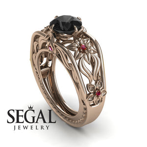 Unique Engagement Ring 14K Rose Gold Flowers Leafs Vintage Art Deco Black Diamond With Ruby 
