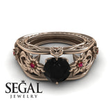 Unique Engagement Ring 14K Rose Gold Flowers Leafs Vintage Art Deco Black Diamond With Ruby 