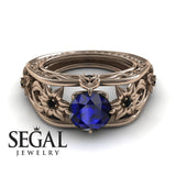 Unique Engagement Ring 14K Rose Gold Flowers Leafs Vintage Art Deco Sapphire With Black Diamond 