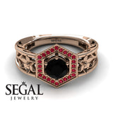 Unique Engagement Ring 14K Rose Gold Flowers Vintage Victorian FiligreeBlack Diamond With Ruby 