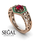 Unique Engagement Ring 14K Rose Gold Flowers Vintage Victorian FiligreeRuby With Green Emerald 