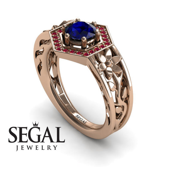 Unique Engagement Ring 14K Rose Gold Flowers Vintage Victorian FiligreeSapphire With Ruby 