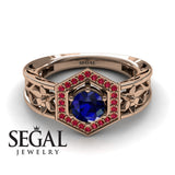 Unique Engagement Ring 14K Rose Gold Flowers Vintage Victorian FiligreeSapphire With Ruby 