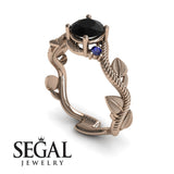 Unique Engagement Ring 14K Rose Gold Leafs And Branches Art Deco Black Diamond With Sapphire 