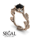 Unique Engagement Ring 14K Rose Gold Leafs And Branches Art Deco Black Diamond With Diamond 