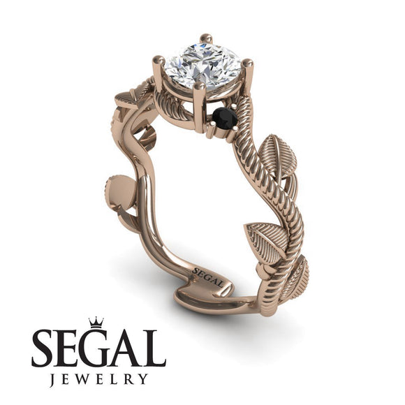 Unique Engagement Ring 14K Rose Gold Leafs And Branches Art Deco Diamond With Black Diamond 