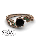 Unique Engagement Ring 14K Rose Gold Leafs And Branches Victorian FiligreeBlack Diamond With Green Emerald 