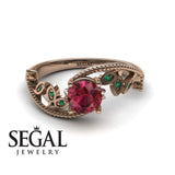 Unique Engagement Ring 14K Rose Gold Leafs And Branches Victorian FiligreeRuby With Green Emerald 