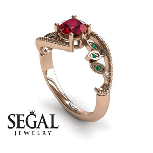 Unique Engagement Ring 14K Rose Gold Leafs And Branches Victorian FiligreeRuby With Green Emerald 