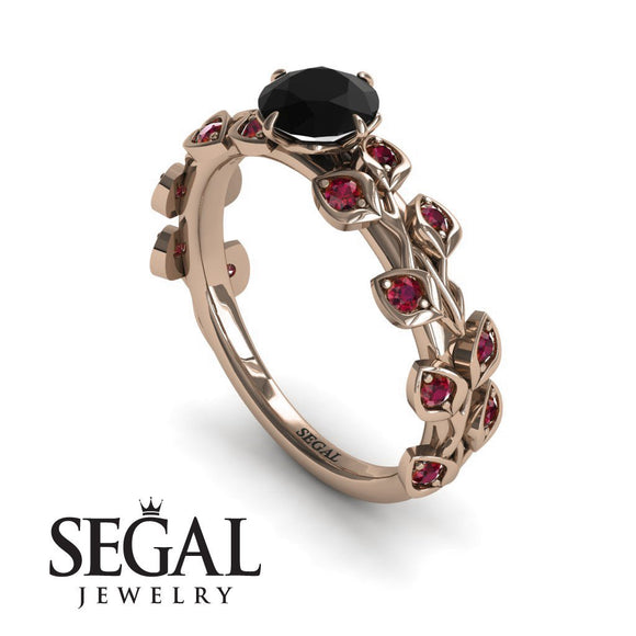 Unique Engagement Ring 14K Rose Gold Leafs And Branches Vintage Black Diamond With Ruby 