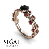 Unique Engagement Ring 14K Rose Gold Leafs And Branches Vintage Black Diamond With Ruby 