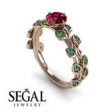 Unique Engagement Ring 14K Rose Gold Leafs And Branches Vintage Ruby With Green Emerald 