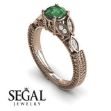 Unique Engagement Ring 14K Rose Gold Leafs Vintage Victorian Edwardian Art DecoGreen Emerald With Diamond 
