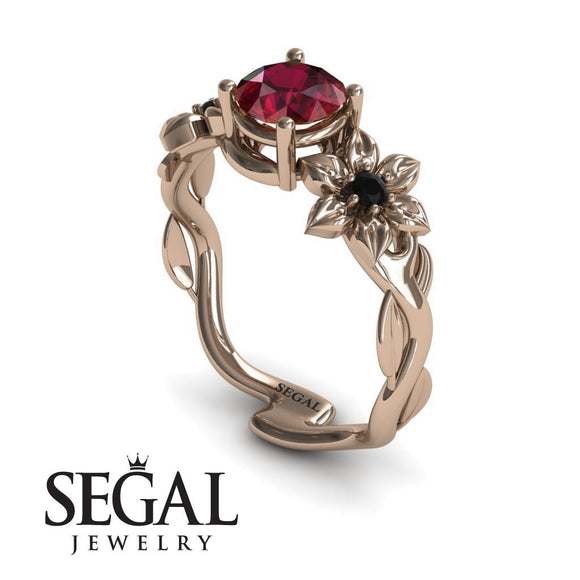Unique Engagement Ring 14K Rose Gold Ruby Black Diamond With Black Diamond 