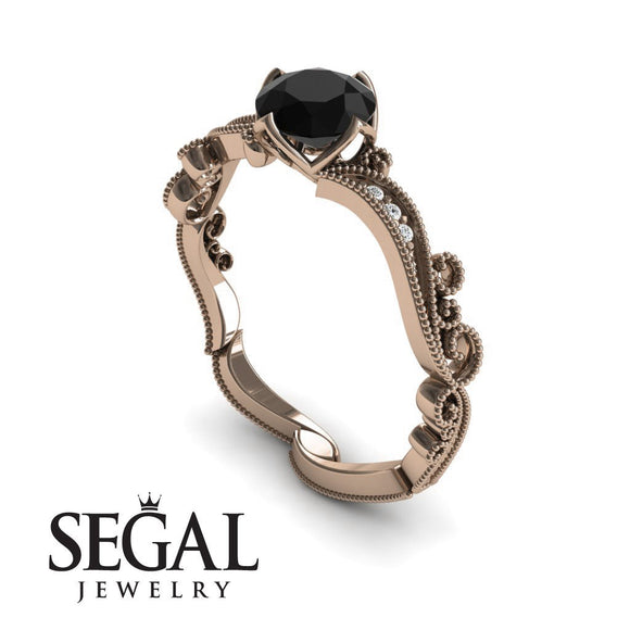 Unique Engagement Ring 14K Rose Gold Victorian Edwardian Black Diamond With Diamond 
