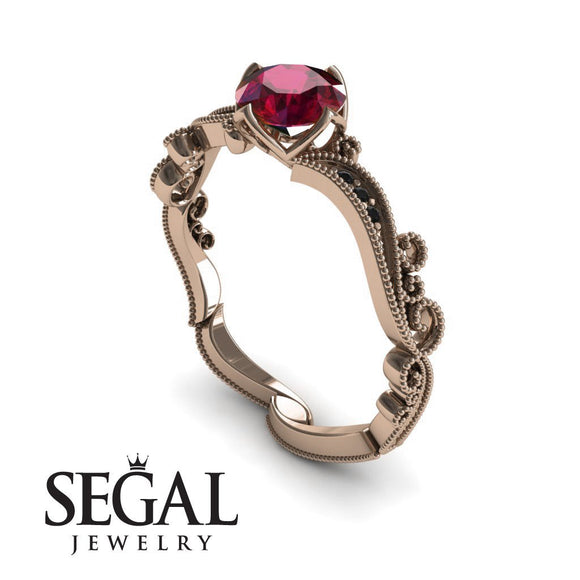 Unique Engagement Ring 14K Rose Gold Victorian Edwardian Ruby With Black Diamond 