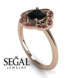 Unique Engagement Ring 14K Rose Gold Vintage Antique Victorian Black Diamond With Ruby 