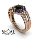 Unique Engagement Ring 14K Rose Gold Vintage Art Deco Edwardian FiligreeBlack Diamond With Sapphire 