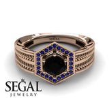Unique Engagement Ring 14K Rose Gold Vintage Art Deco Edwardian FiligreeBlack Diamond With Sapphire 