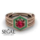 Unique Engagement Ring 14K Rose Gold Vintage Art Deco Edwardian FiligreeRuby With Green Emerald 