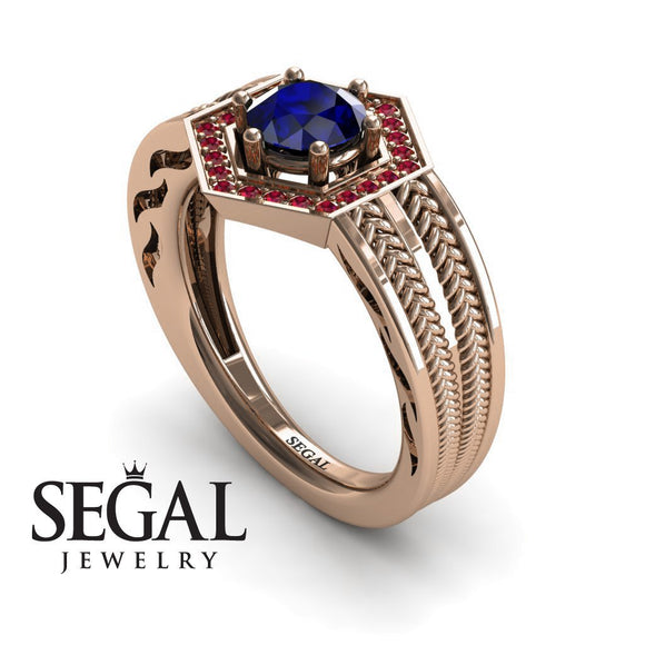 Unique Engagement Ring 14K Rose Gold Vintage Art Deco Edwardian FiligreeSapphire With Ruby 