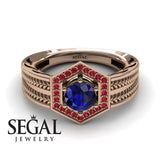 Unique Engagement Ring 14K Rose Gold Vintage Art Deco Edwardian FiligreeSapphire With Ruby 