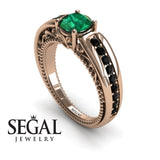 Unique Engagement Ring 14K Rose Gold Vintage Art Deco Victorian Edwardian Green Emerald With Black Diamond 