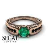 Unique Engagement Ring 14K Rose Gold Vintage Art Deco Victorian Edwardian Green Emerald With Black Diamond 
