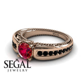 Unique Engagement Ring 14K Rose Gold Vintage Art Deco Victorian Edwardian Ruby With Black Diamond 