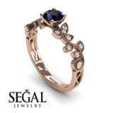 Unique Engagement Ring 14K Rose Gold Vintage Sapphire With Diamond 