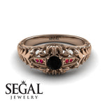 Unique Engagement Ring 14K Rose Gold Vintage Victorian Edwardian FiligreeBlack Diamond With Ruby 