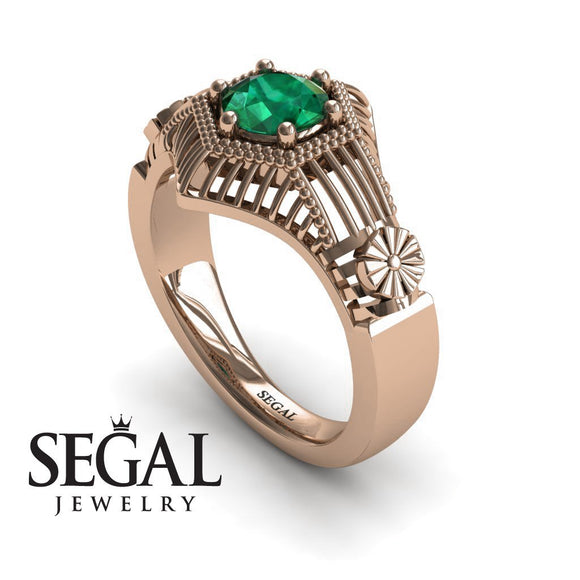 Unique Engagement Ring 14K Rose Gold Vintage Victorian Edwardian FiligreeGreen Emerald 
