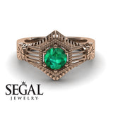 Unique Engagement Ring 14K Rose Gold Vintage Victorian Edwardian FiligreeGreen Emerald 