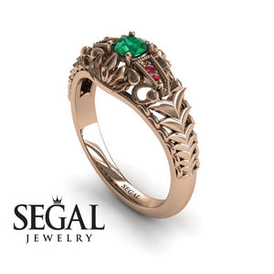 Unique Engagement Ring 14K Rose Gold Vintage Victorian Edwardian FiligreeGreen Emerald With Ruby 