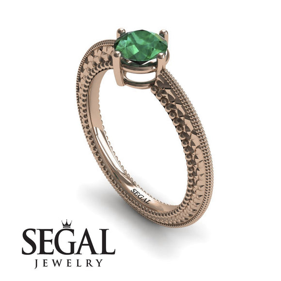 Unique Engagement Ring 14K Rose Gold Vintage Victorian Edwardian Green Emerald 