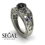 Unique Engagement Ring 14K White Gold Art Deco FiligreeBlack Diamond With Sapphire 