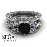 Unique Engagement Ring 14K White Gold Art Deco FiligreeBlack Diamond With Sapphire 