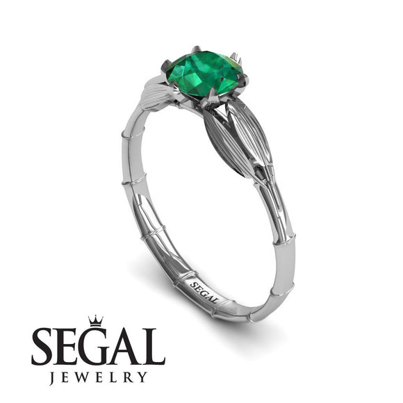 Unique Engagement Ring 14K White Gold Bamboo Leafs Vintage Green Emerald 