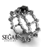 Unique Engagement Ring 14K White Gold Bamboo Vintage Art Deco Black Diamond 