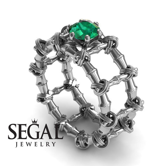 Unique Engagement Ring 14K White Gold Bamboo Vintage Art Deco Green Emerald 