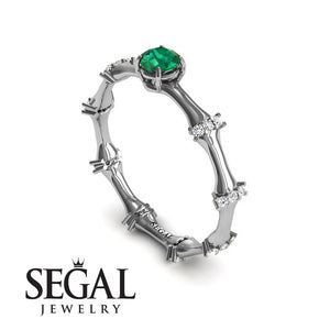 Unique Engagement Ring 14K White Gold Bamboo Vintage Green Emerald With Diamond 