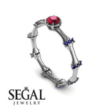 Unique Engagement Ring 14K White Gold Bamboo Vintage Ruby With Sapphire 
