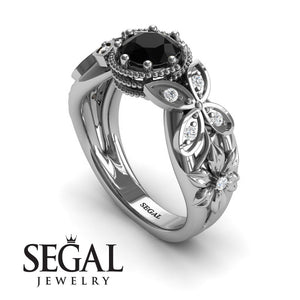 Unique Engagement Ring 14K White Gold Butterfly And Flowers Vintage Black Diamond With Diamond 