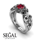 Unique Engagement Ring 14K White Gold Butterfly And Flowers Vintage Ruby With Black Diamond 